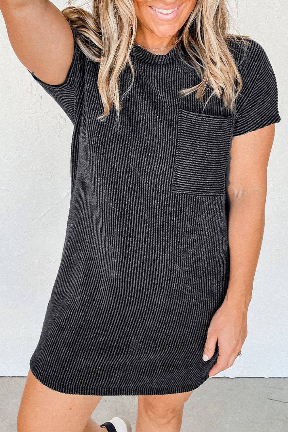 Ribbed Knit Textured Pocket T Shirt Mini Dress