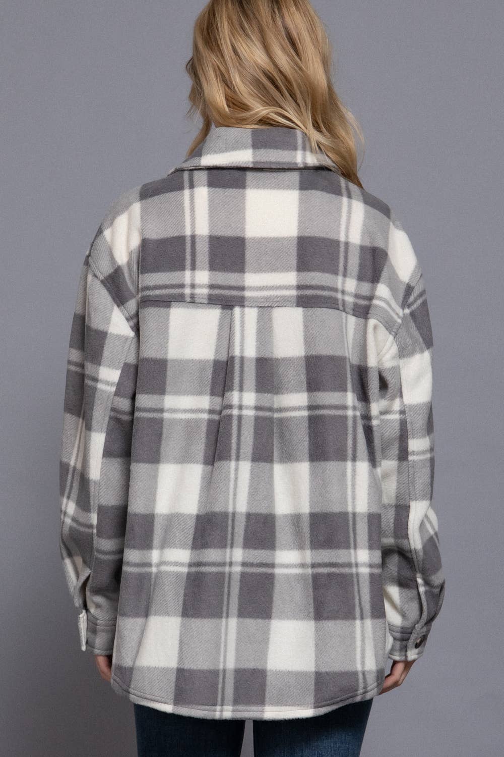 Long Sleeve Check Printed Fleece Shacket (light grey)