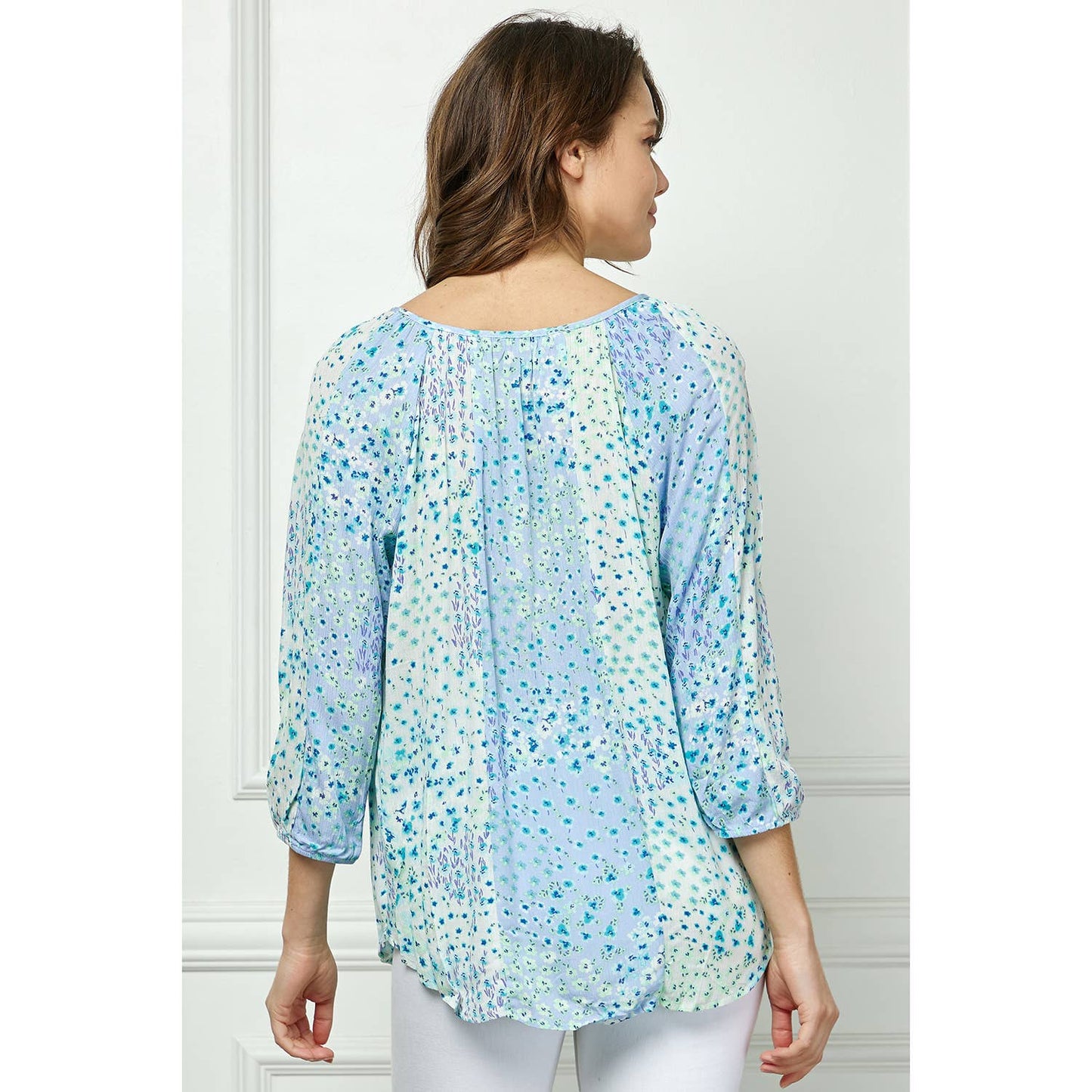 Blue Floral Round Neck Blouse