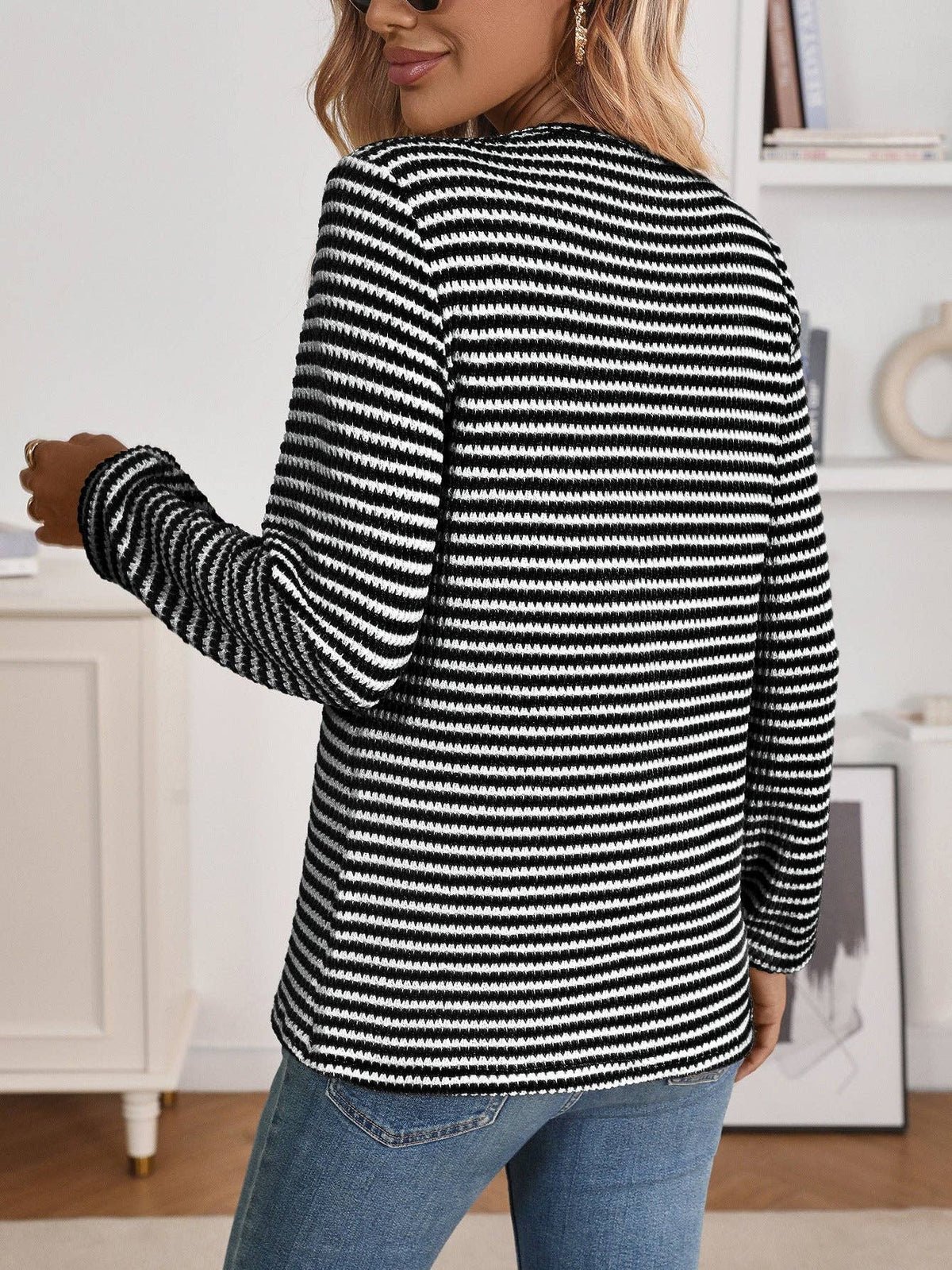 Striped Waffle Knit Henley Long Sleeve Top