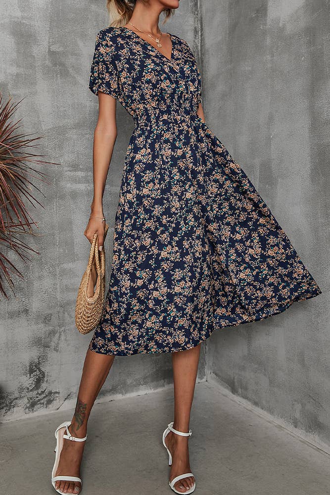 V Neck Smocked Waist Midi Floral Dress (Dark Blue Floral)