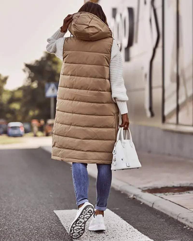 Pocket Button Design Hooded Puffer Vest Jacket