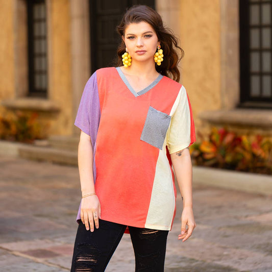 Tri Blend Color Block V-Neck Top