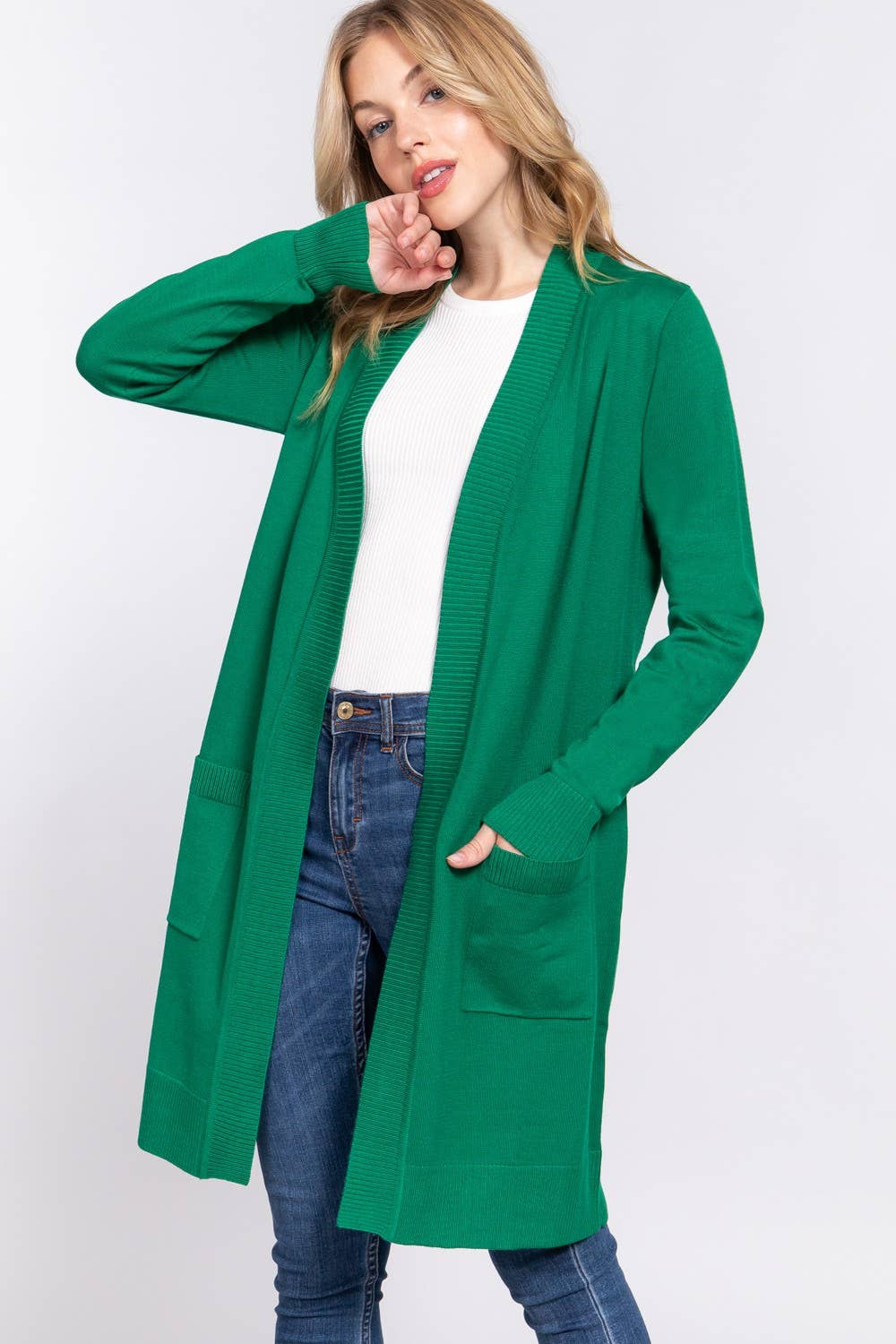 Long Sleeve Rib Banded Open Tunic Sweater Cardigan (green)