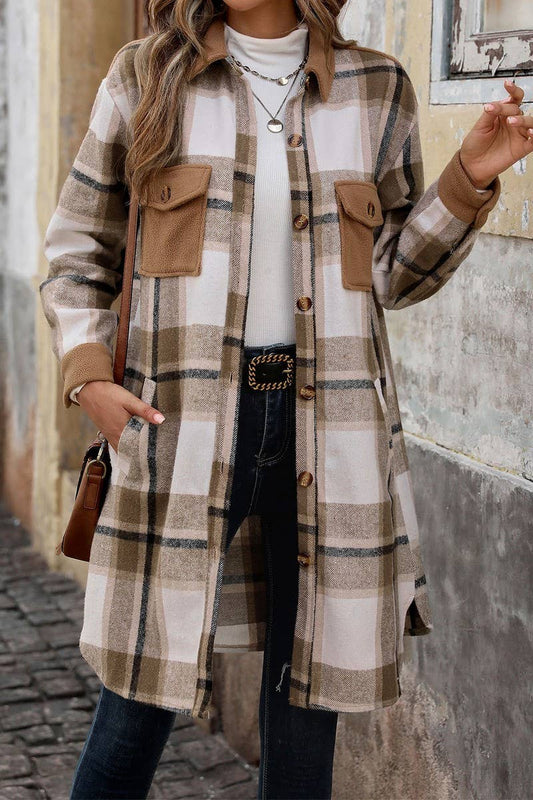 Casual Brushed Plaid Mid-Length Coat