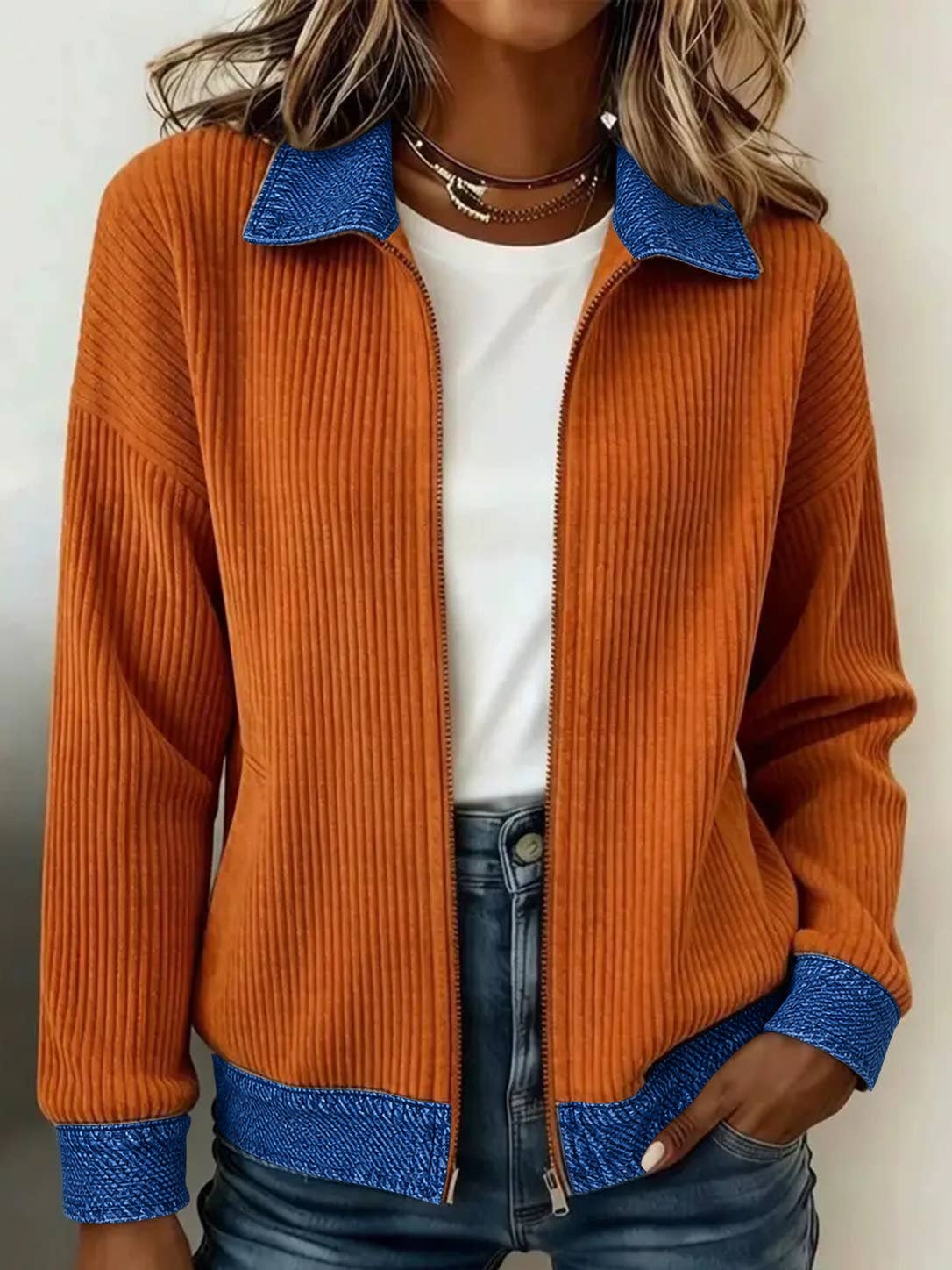 Women's Denim Patchwork Zip-Up Cardigan