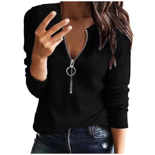 Zip Up Long Sleeve V-neck Pullover Top