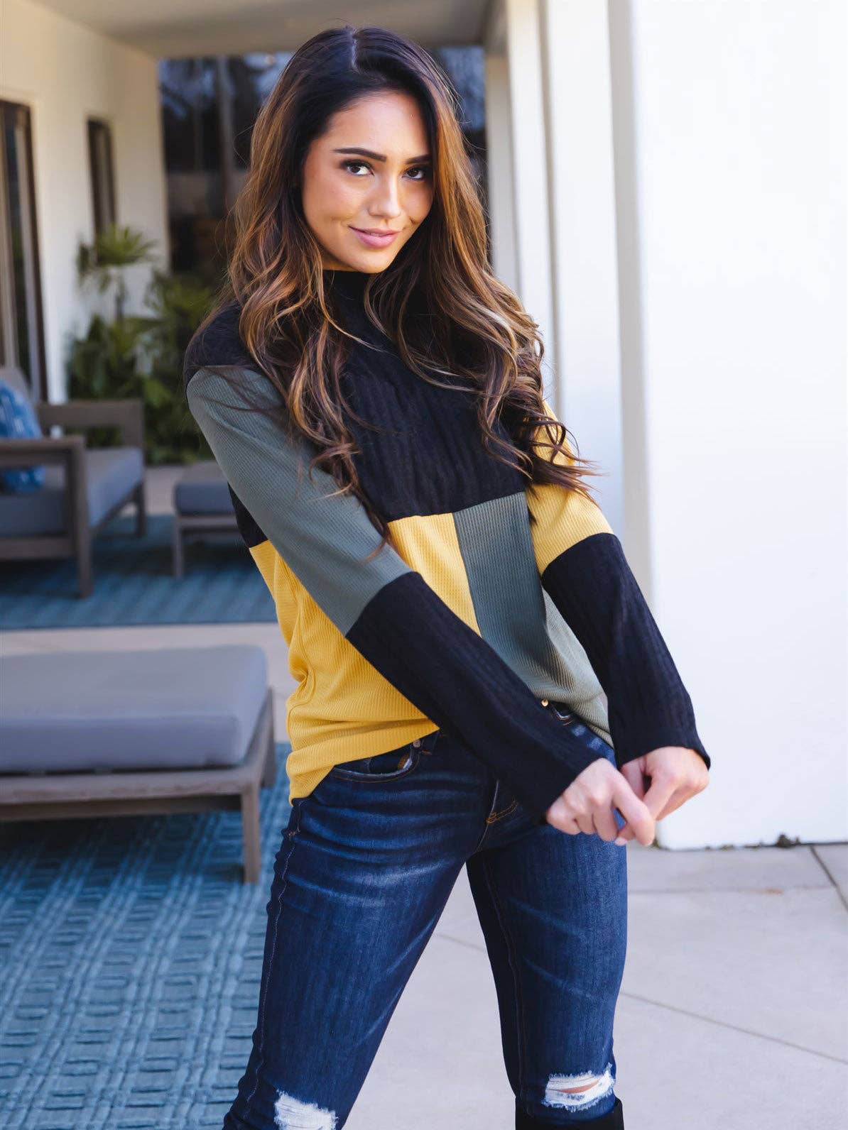 Tri-color Mock Neck Emrie Sweater