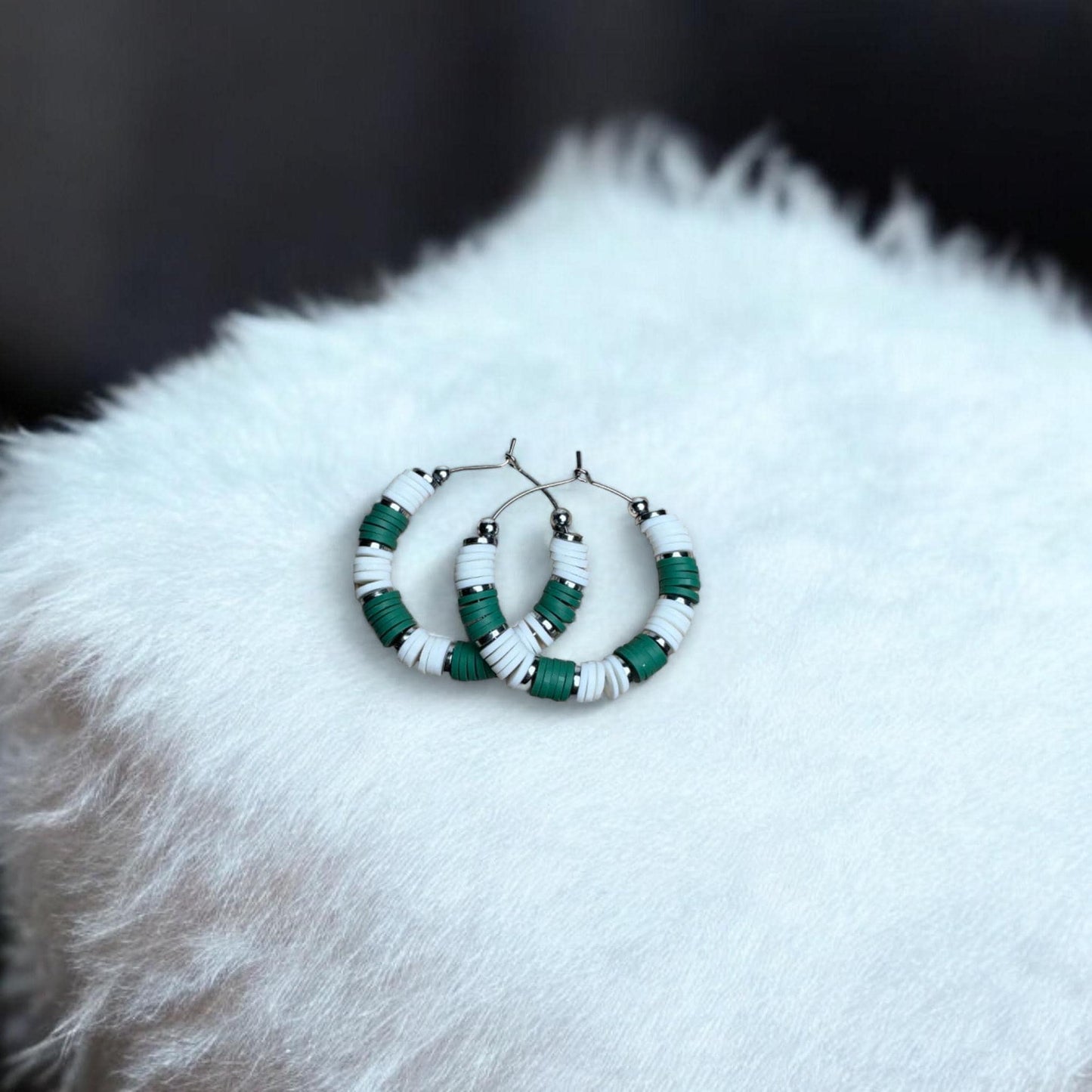 Green and White Game Day Hoop Earrings: 1 Inch / (2 by 2 or 5 by 5)