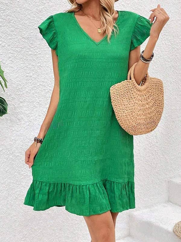 Loose Ruffle Sleeves Pleated V-Neck Mini Dress