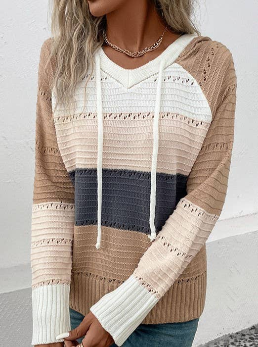 V-Neck Hooded Color-Block Knitted Long-Sleeved Sweater