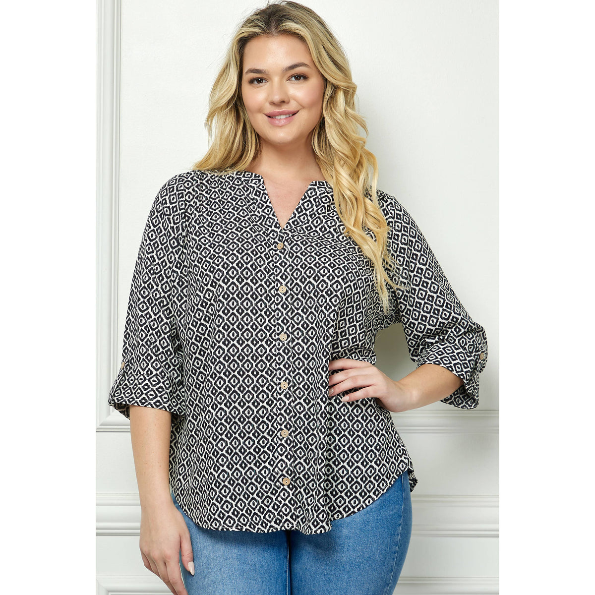 Mandarin Collar Plaket Blouse (Plus Size)