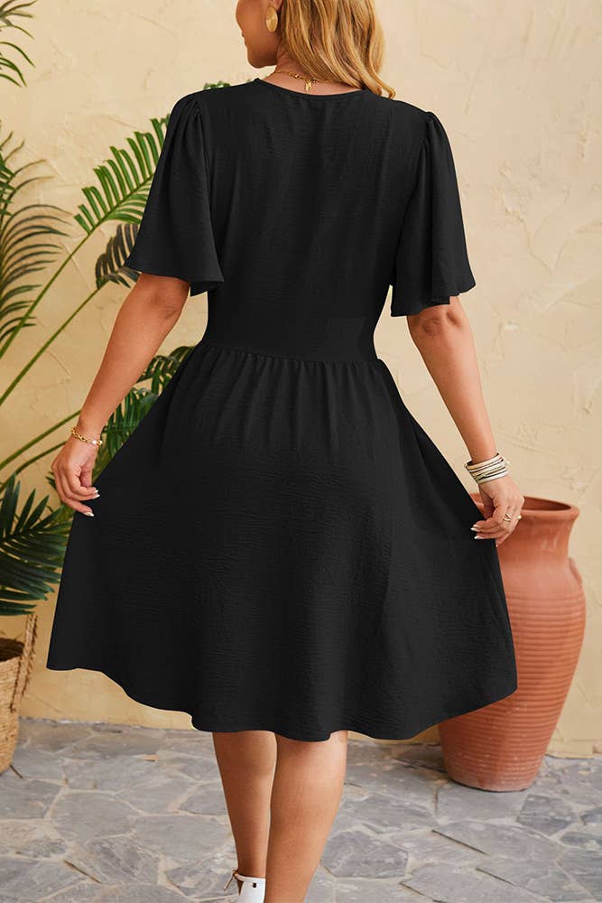 Plain V Neck Flare Sleeves High Waist Dress