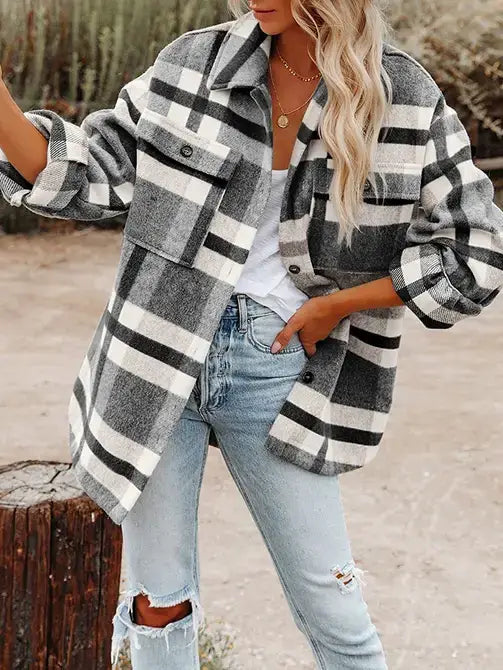 Green Plaid Button Flannel Shirt Jacket