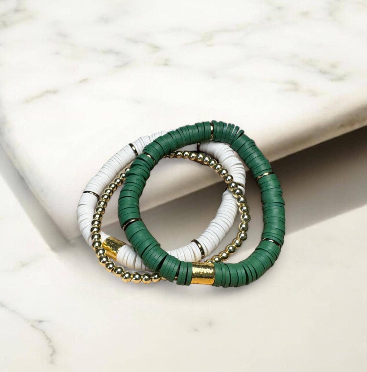 Green and White Game Day Bracelet Stack: Gold (7 inch)