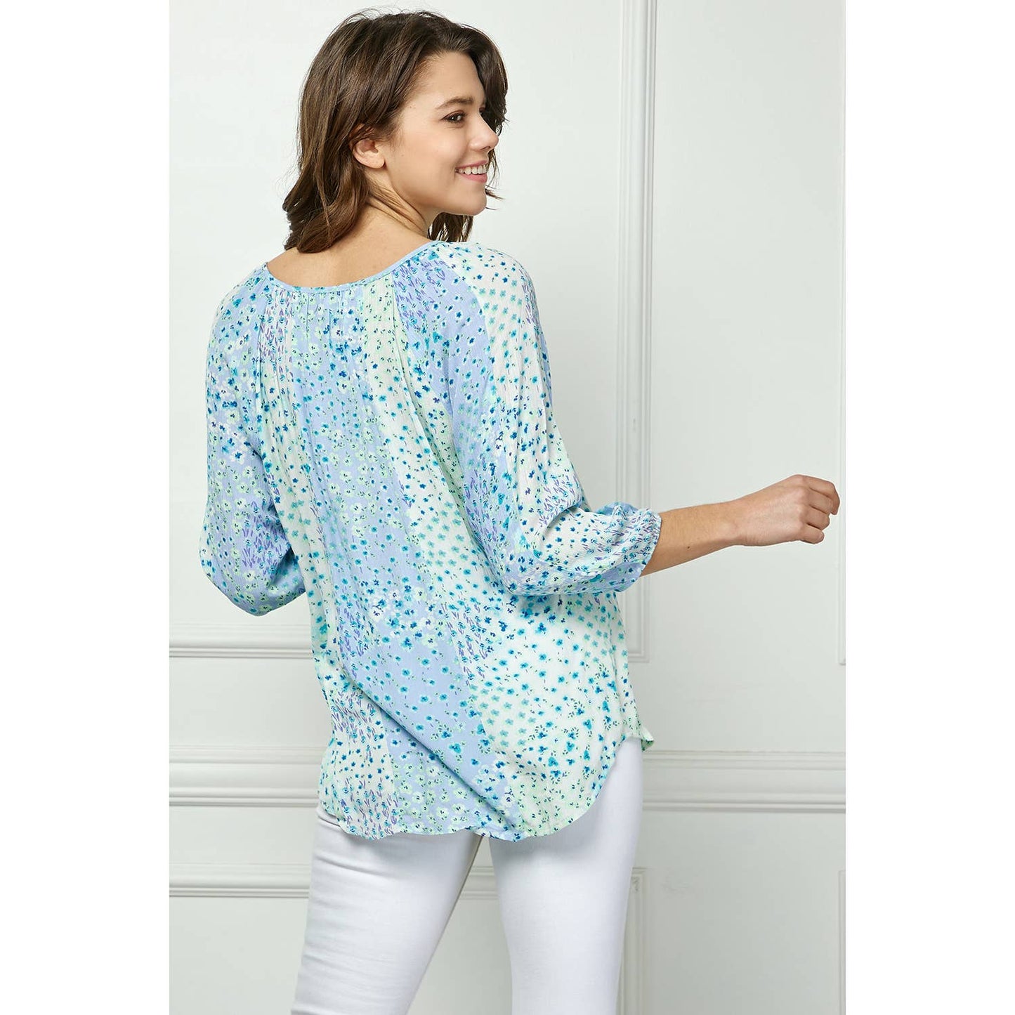 Blue Floral Round Neck Blouse