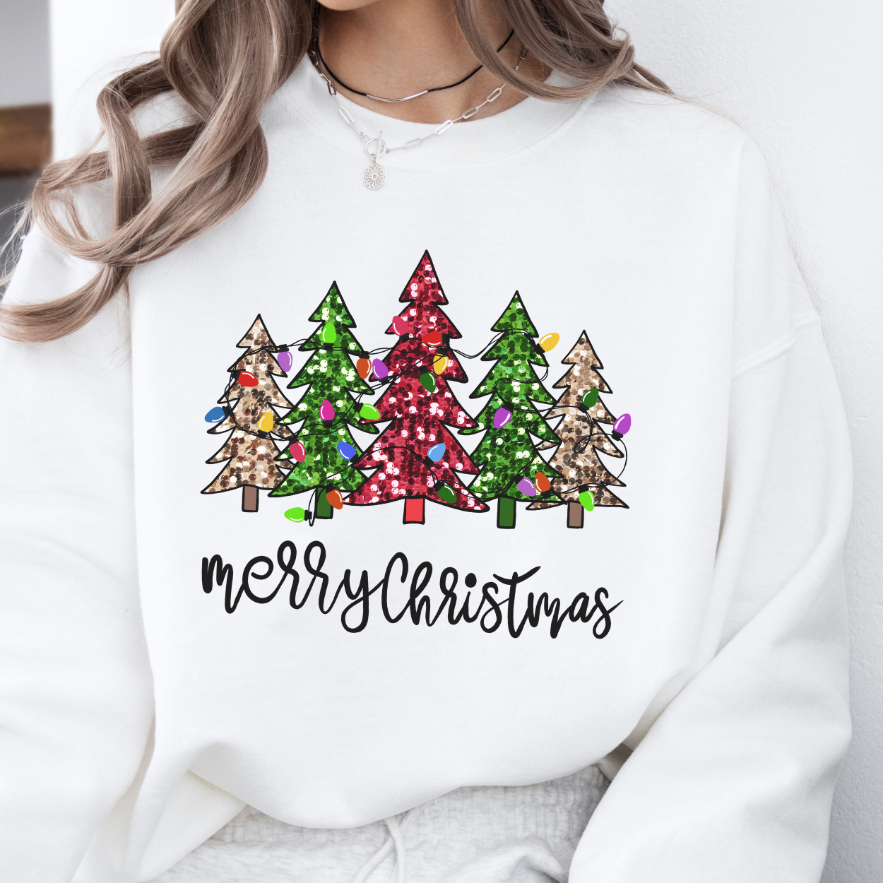 Merry Christmas Sweatshirt with Sparkling trees