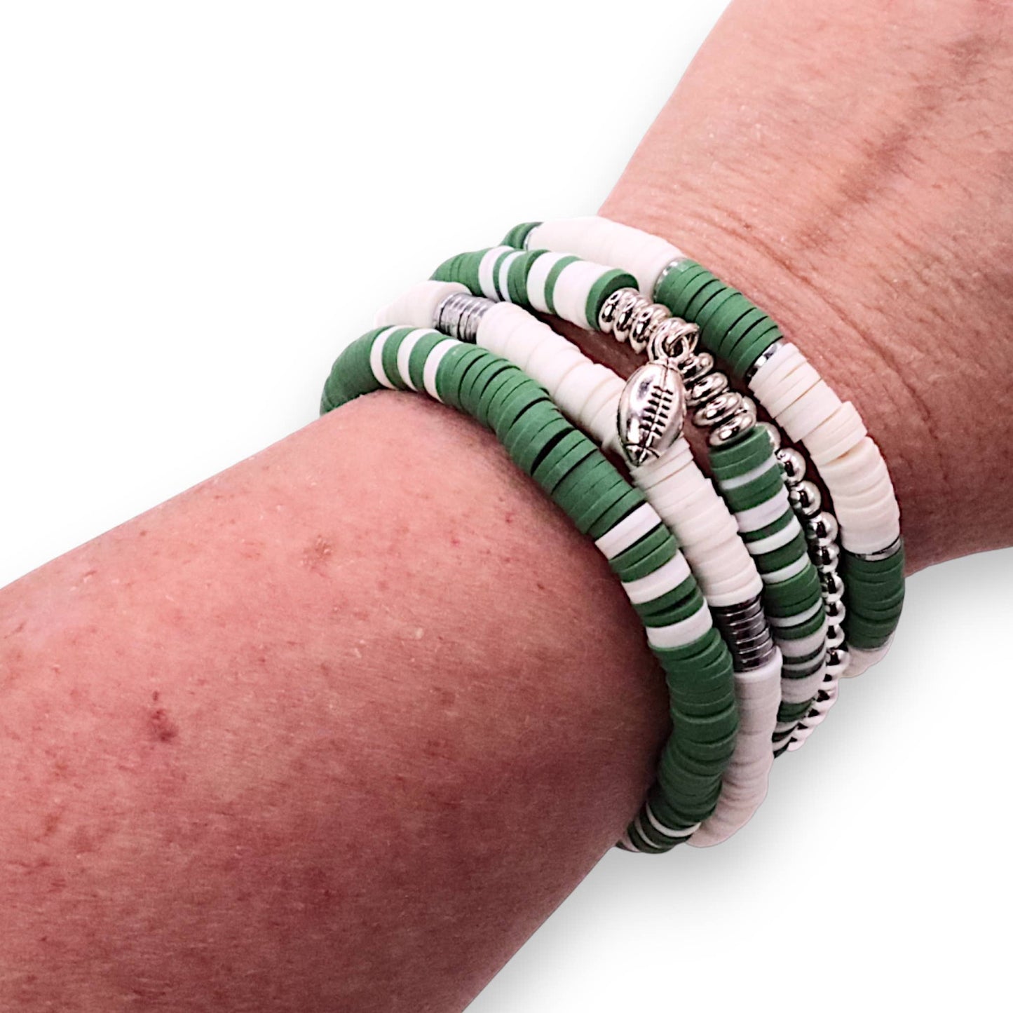 Green and White Game Day Bracelet Stack: Hockey (7 or 8 inch)