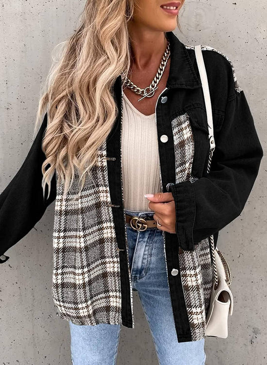 Long-Sleeved Plaid Button-Down Shirt Jacket