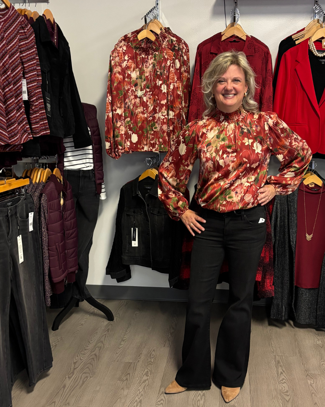 Smocked Mock Neck Long Sleeve, Satin Floral Top