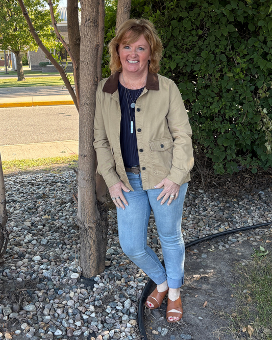 Long Sleeve Corduroy Collar Detail Cotton Twill Work Jacket