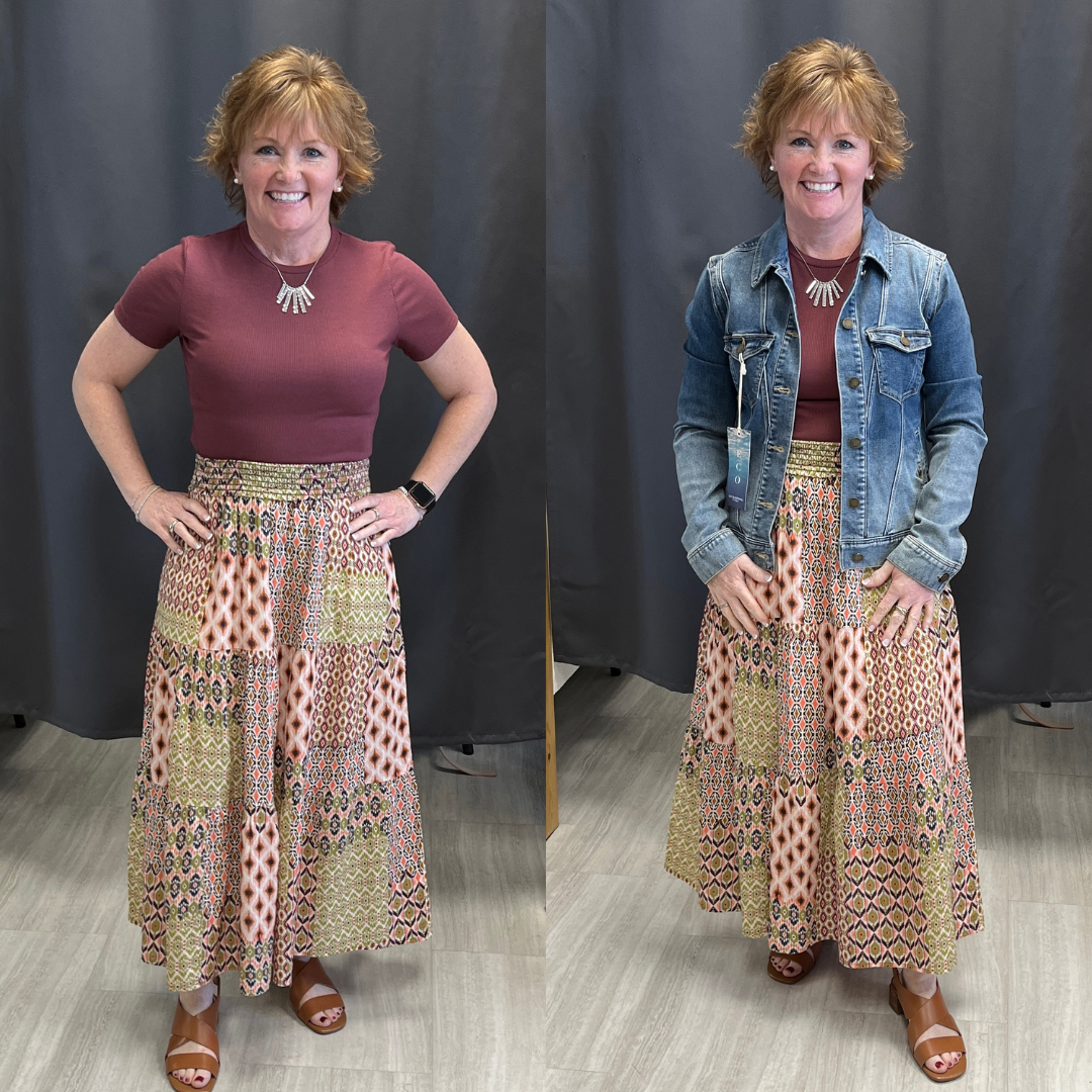 Liverpool Tiered Woven Maxi Skirt with Smocked Waist (Geo Patchwork)