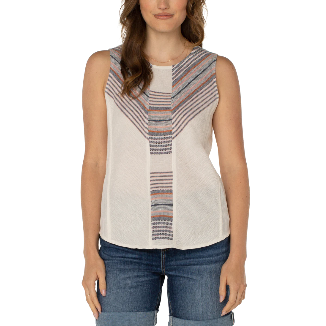 Liverpool Sleeveless Scoop Neck Popover w/ Panel Accent (white & pink)