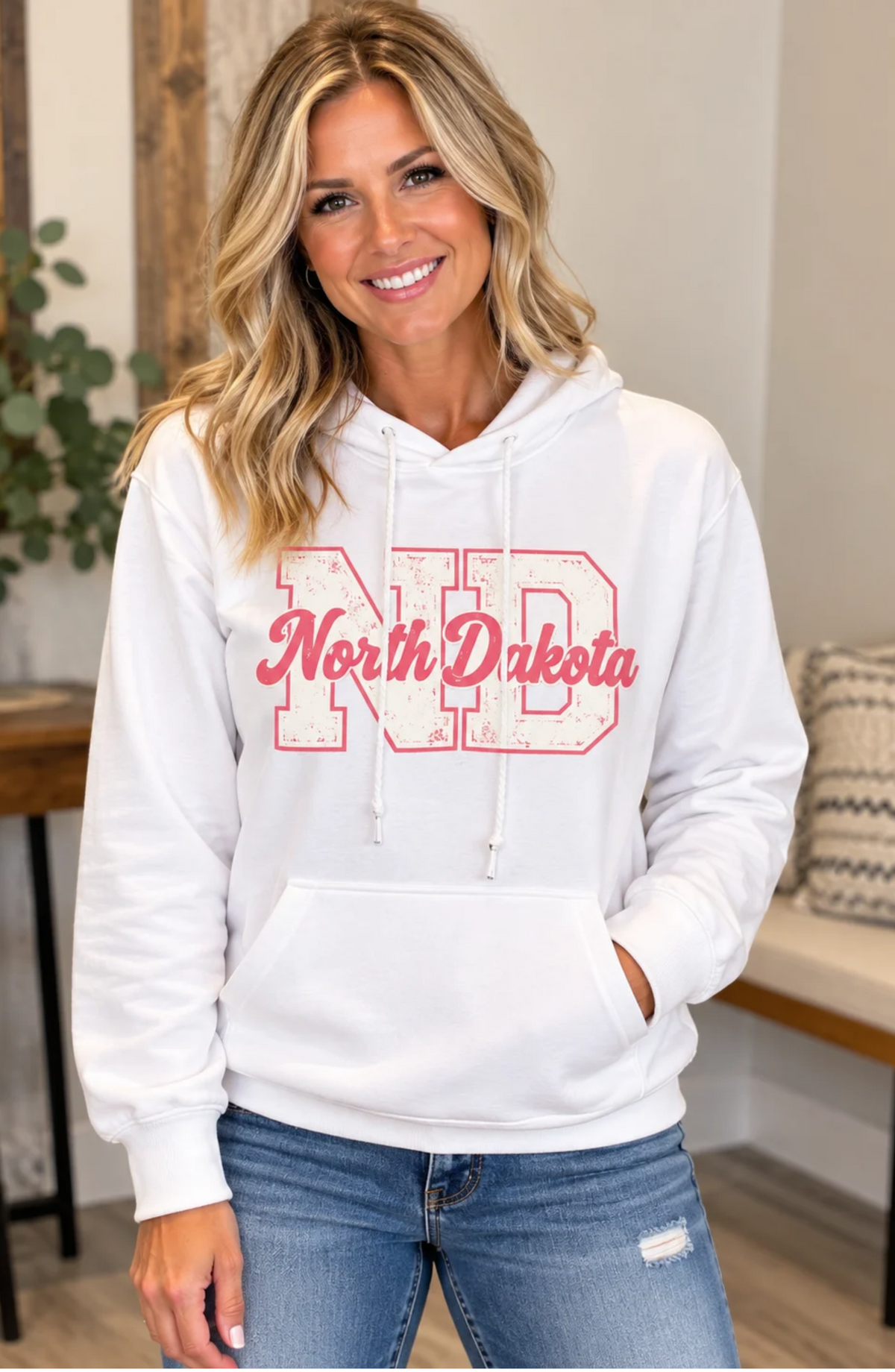 North Dakota Lightweight Pullover Hoodie (Pink Lettering)
