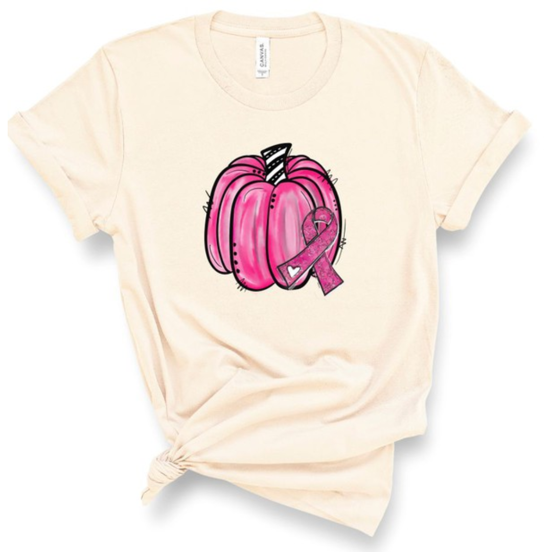 Pink Pumpkin Breast Cancer Awareness Graphic Crew Neck T-Shirt