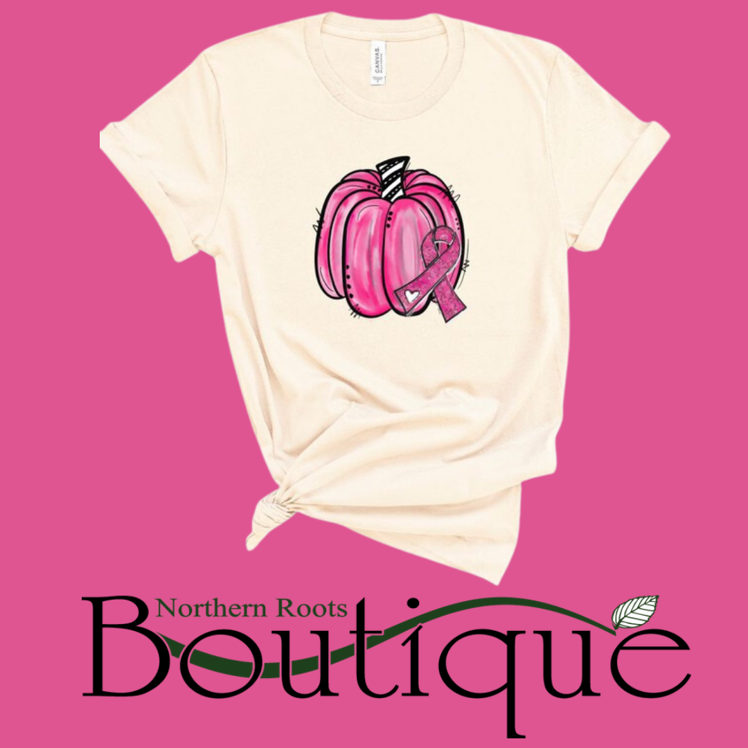 Pink Pumpkin Breast Cancer Awareness Graphic Crew Neck T-Shirt