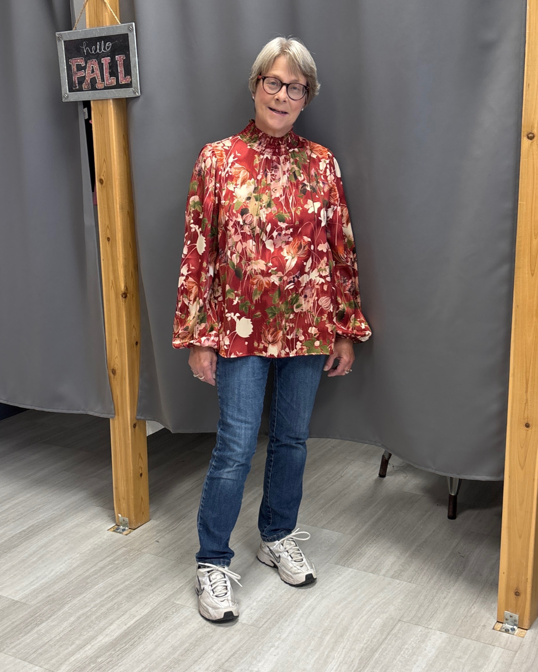 Smocked Mock Neck Long Sleeve, Satin Floral Top