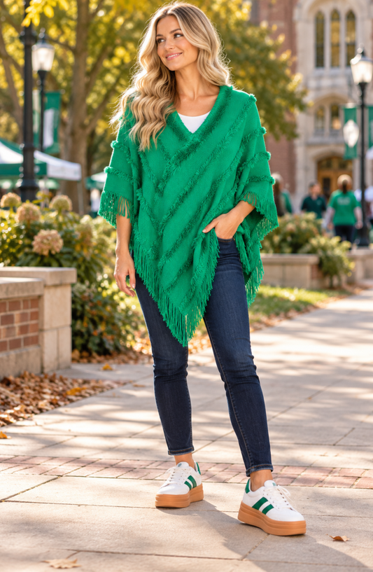 Tassel Trim Shawl with V-Neck and Hood