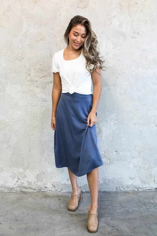 Silk Midi Skirt in Heritage Blue