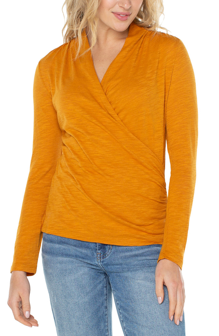 Liverpool Long Sleeve Wrap Front Slub Knit Top (solid colors)