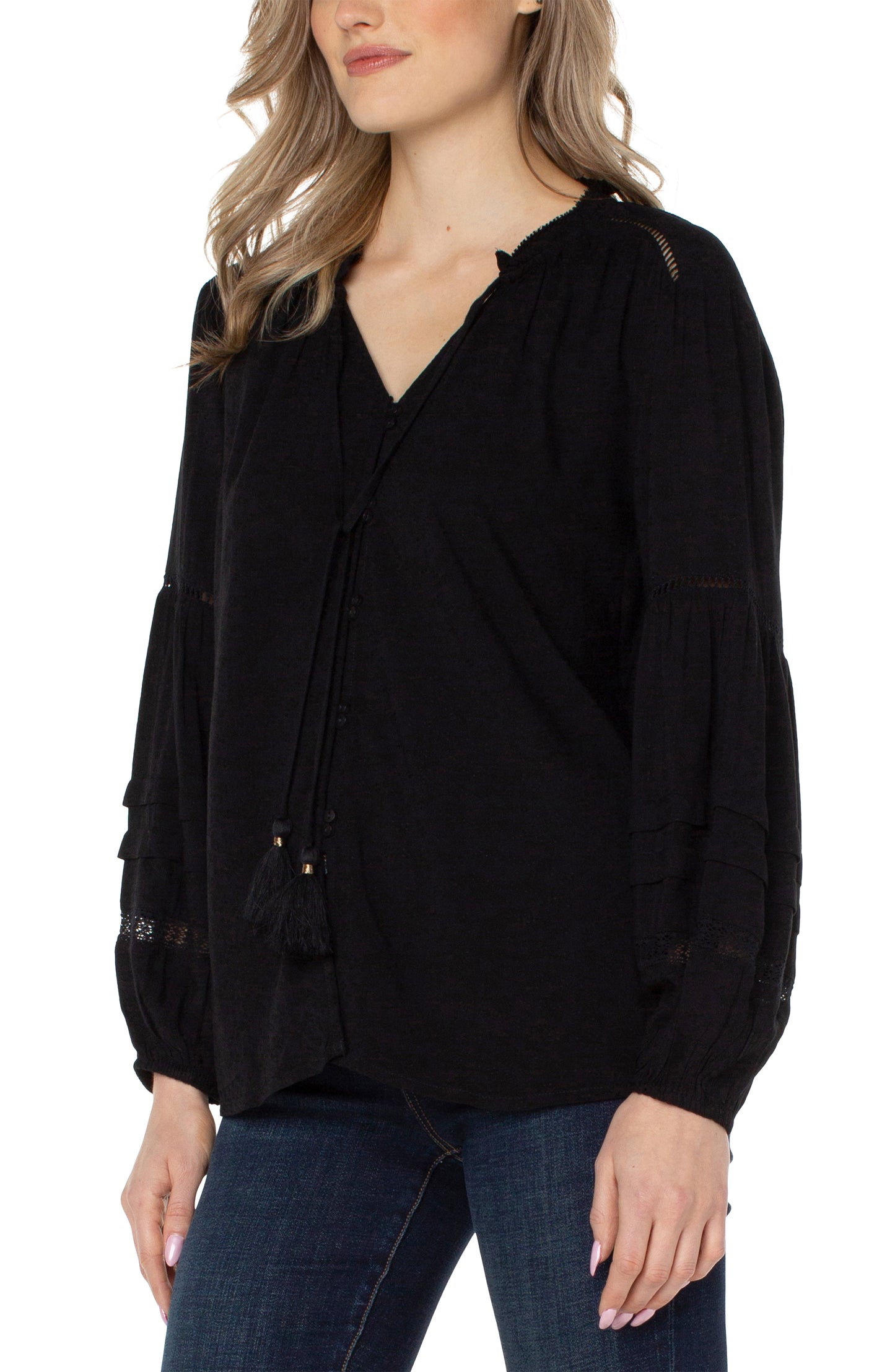 Liverpool Long Sleeve Popover Shirred Blouse (Black)