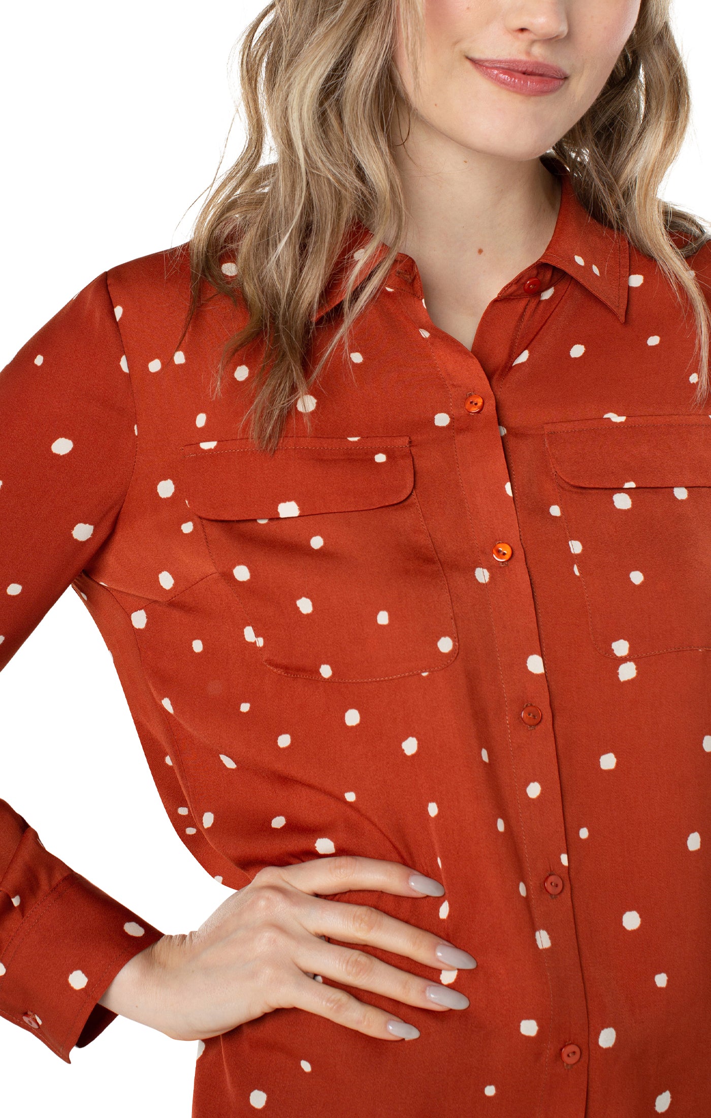 Liverpool Flap Pocket Button Front Woven Blouse (Dot/Maple Red) (plus size available)