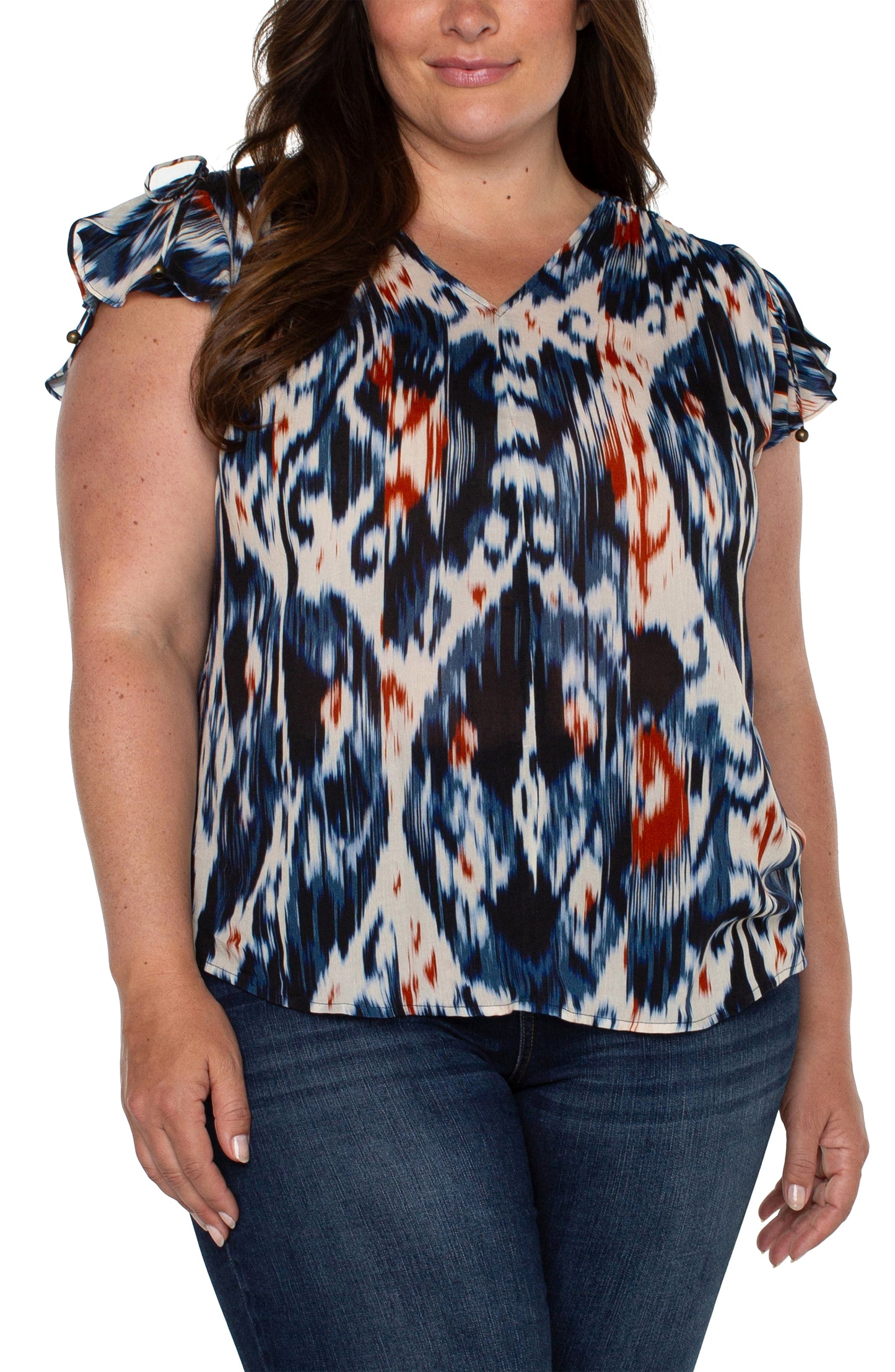 Liverpool's Shirred V-Neck Dolman Top with Tie Details (Allover Ikat)