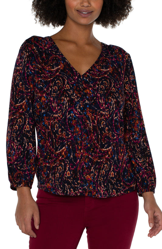 Liverpool 3/4 Sleeve Double V Neck Woven Top (batik paisley allover print)