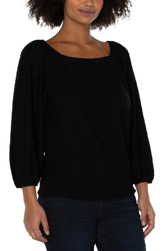 Liverpool 3/4 Puff Sleeve Square Neck Knit Top w/Smocking (Black)