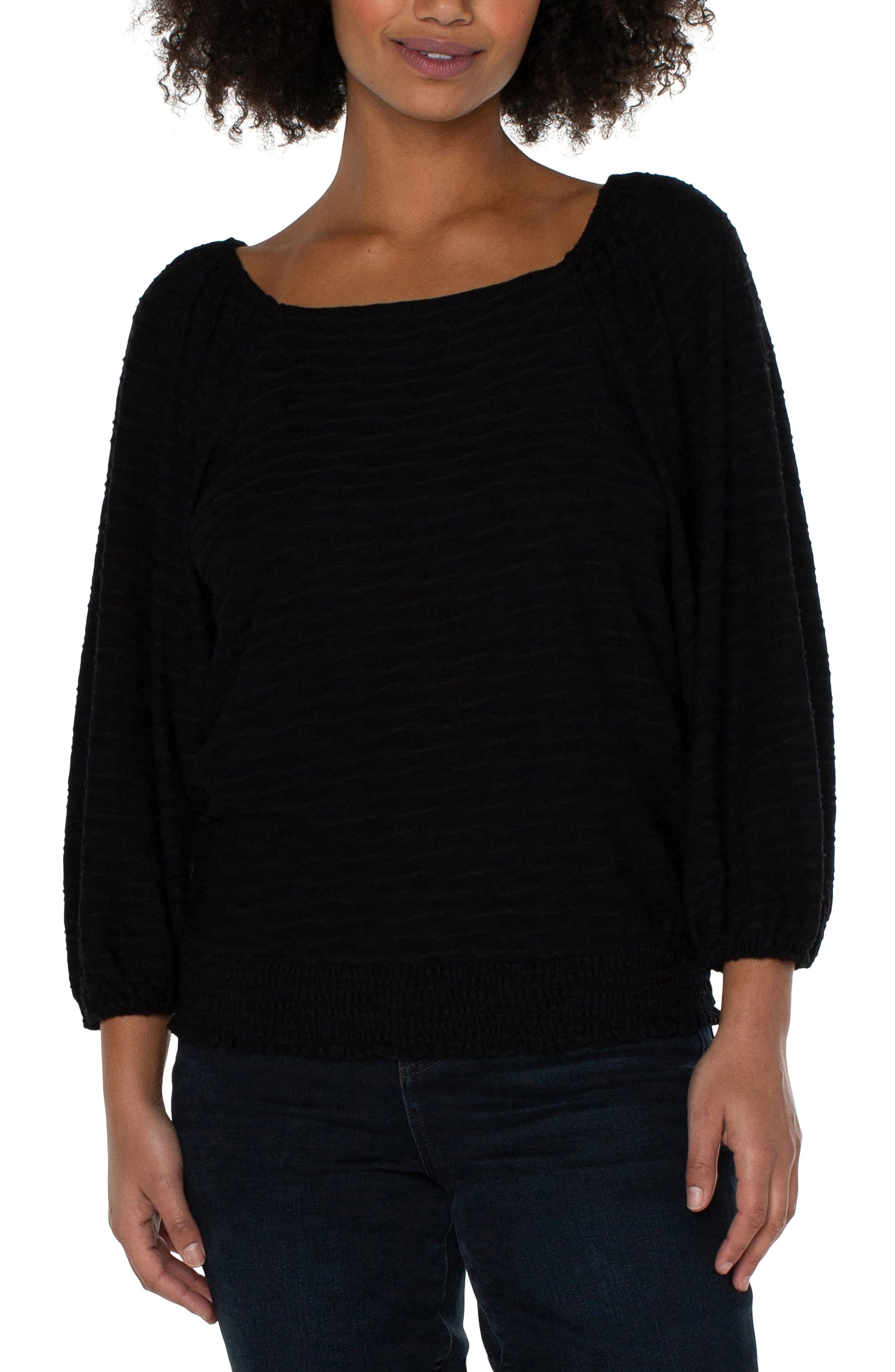 Liverpool 3/4 Puff Sleeve Square Neck Knit Top w/Smocking (Black)