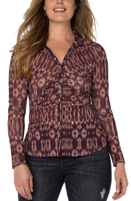 Liverpool Long Sleeve Pring Mesh Button Front Knit (Burgandy IKAT)