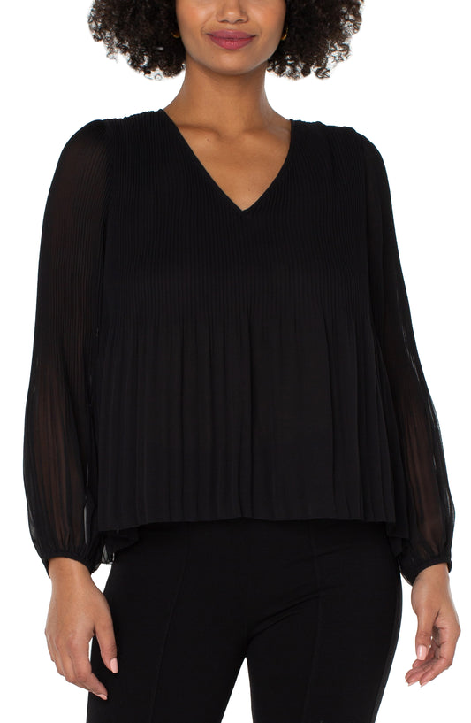 Liverpool V-Neck Long Sleeve Pleated Top (black)