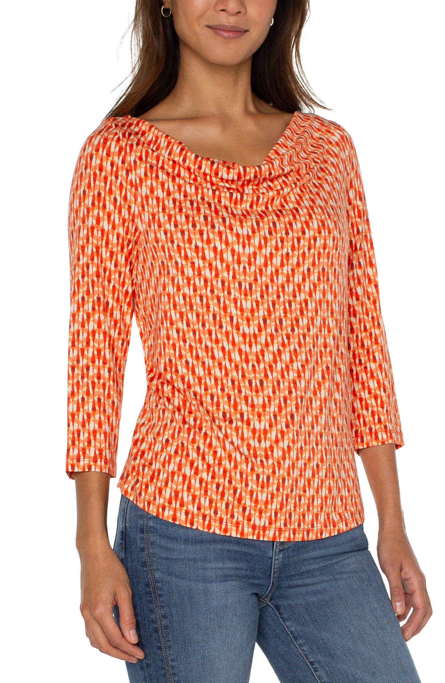 Liverpool 3/4 Sleeve Cowl Neck Knit Top (coral blaze ikat)