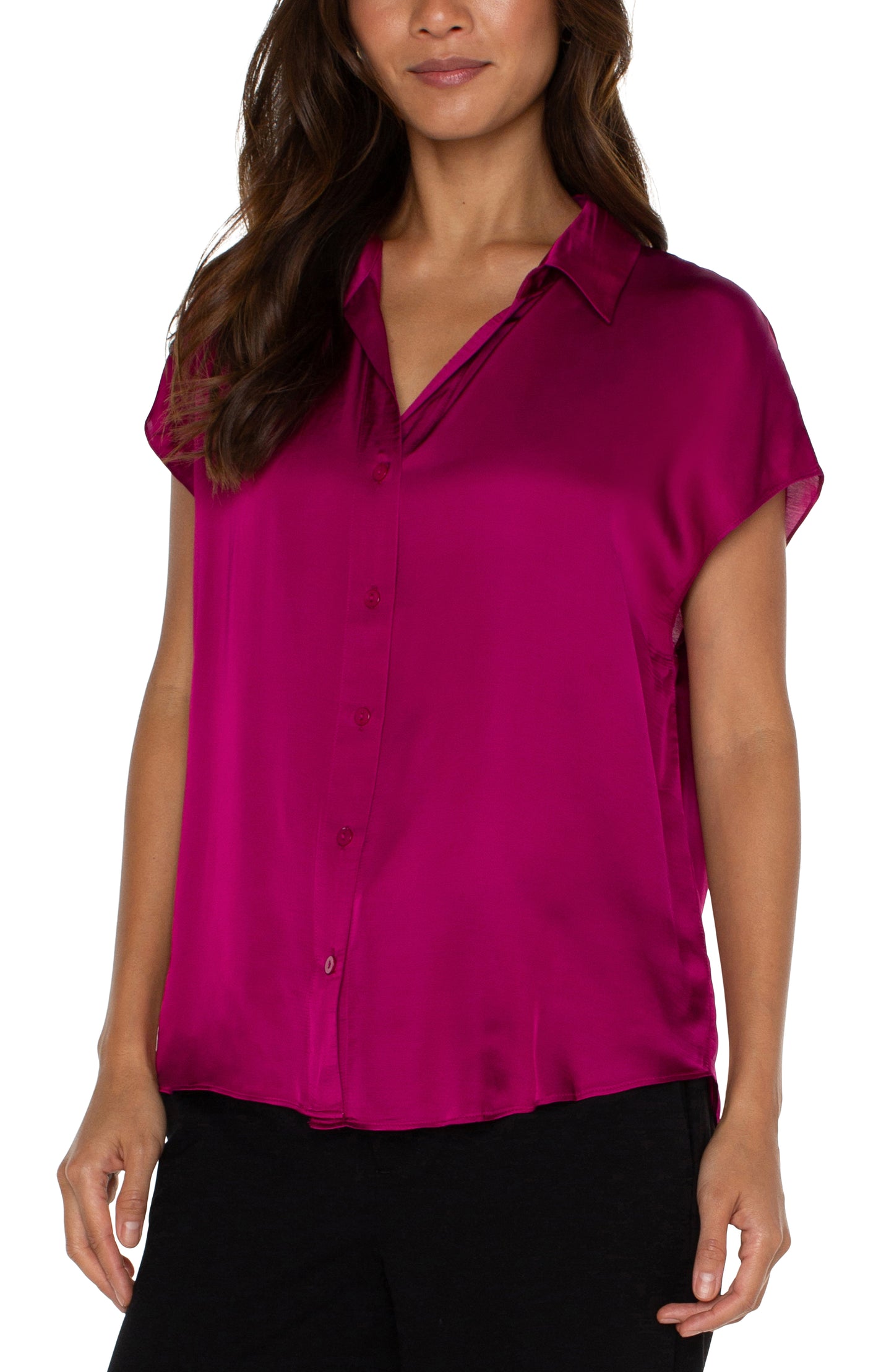 Liverpool Dolman Sleeve Blouse with Collar and Button Front (Fuchsia Kiss)
