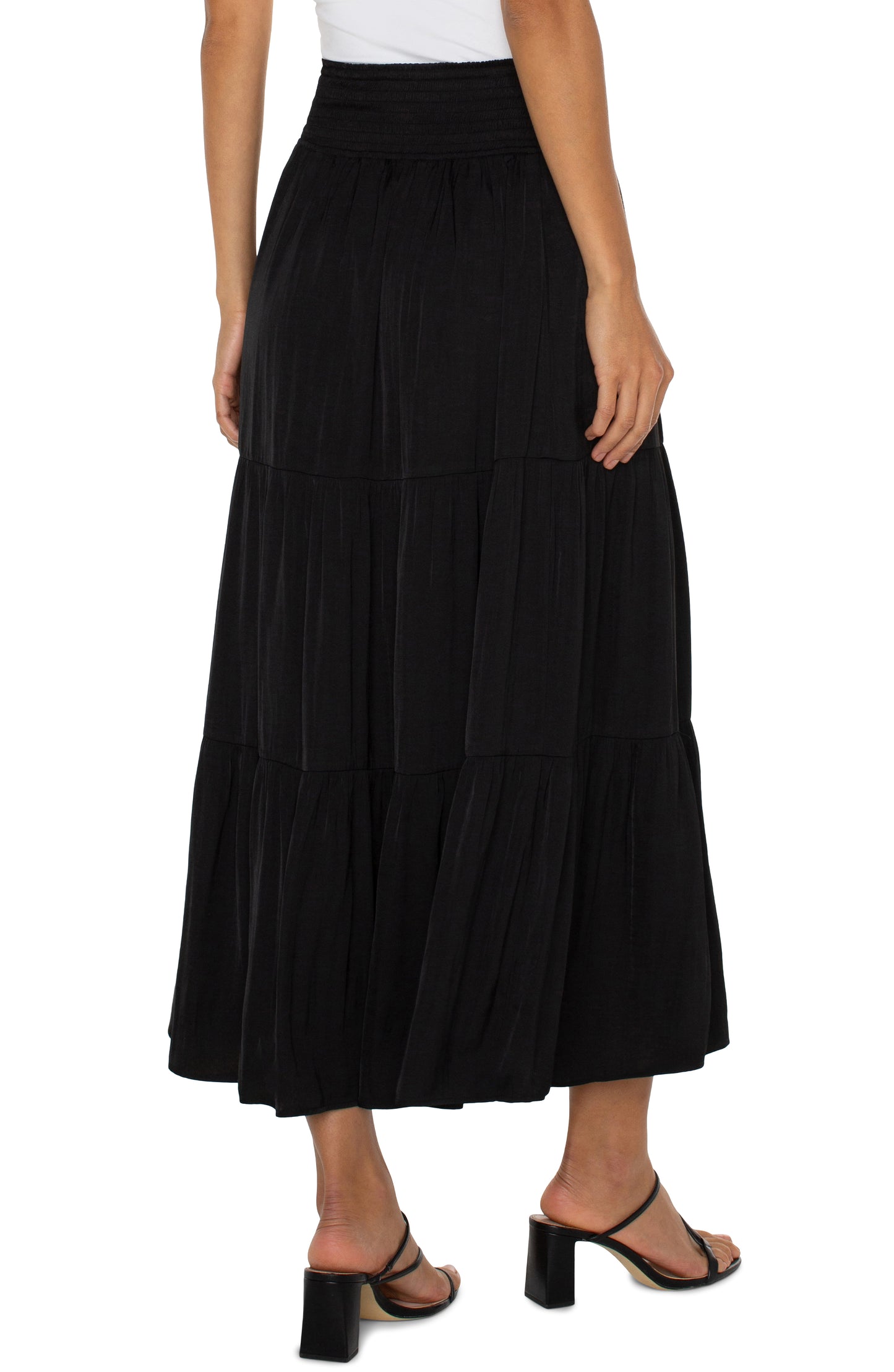 Liverpool Tiered Woven Maxi Skirt with Smocked Waist (Black)