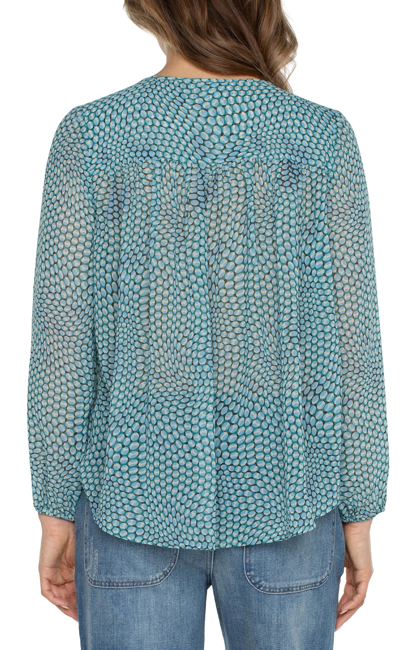 Liverpool Long Sleeve Tie Front Top with Shirred Back (Ocean Blue Dot)