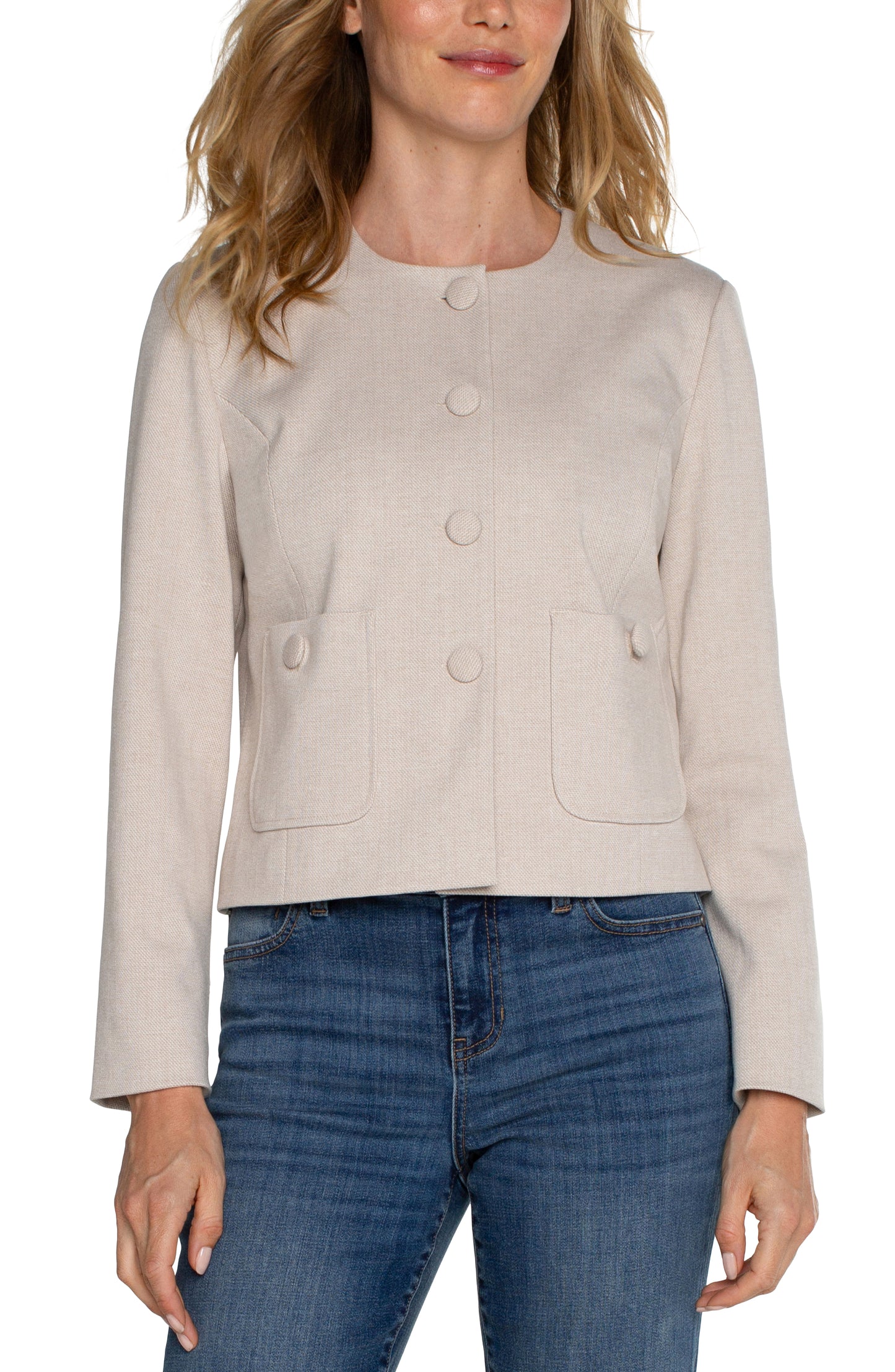 Liverpool Boxy Cropped Jacket with Covered Buttons (Stone/Tan)