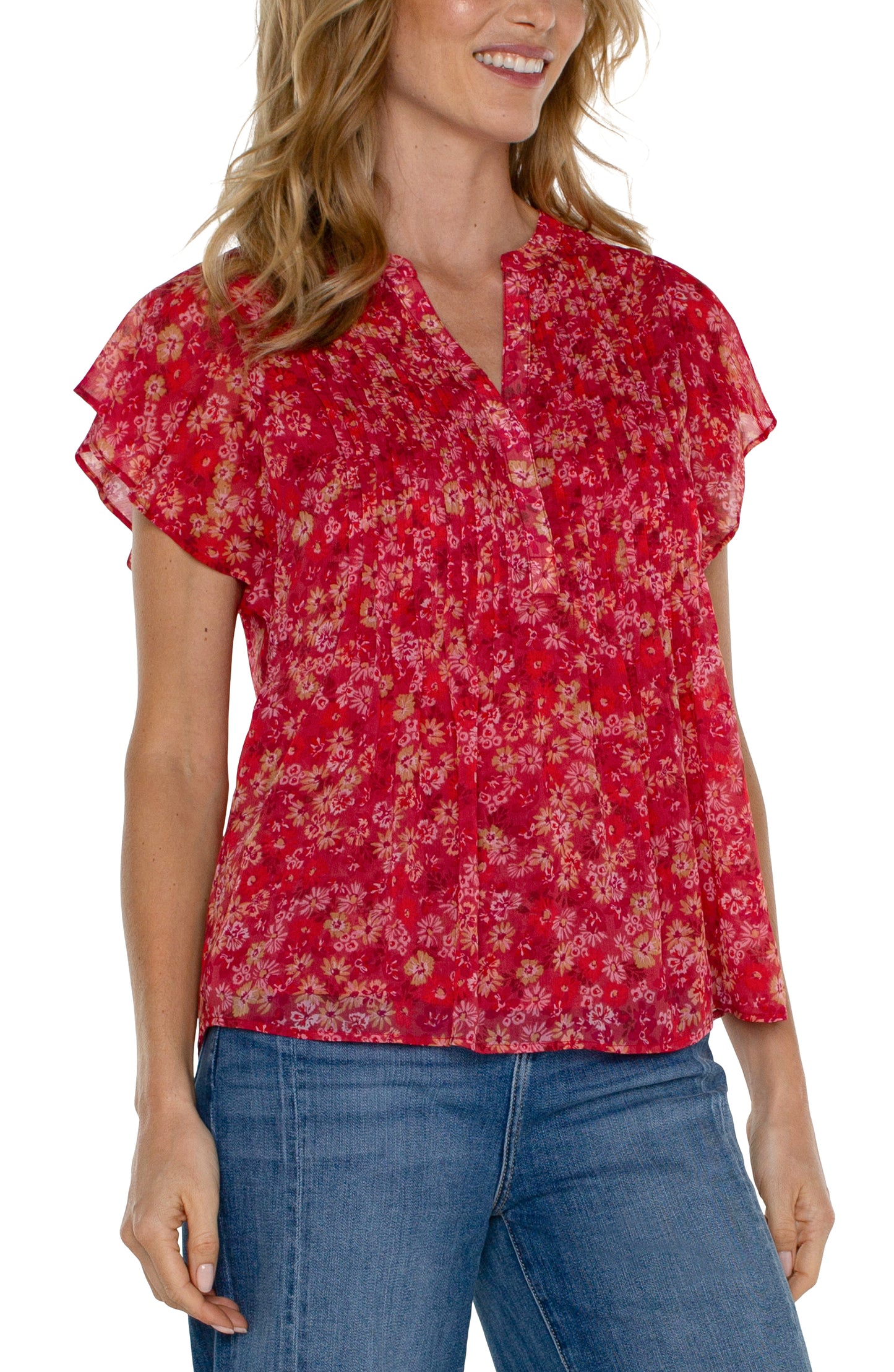 Liverpool Double Layer Flutter Sleeve Blouse (berry blossom floral)