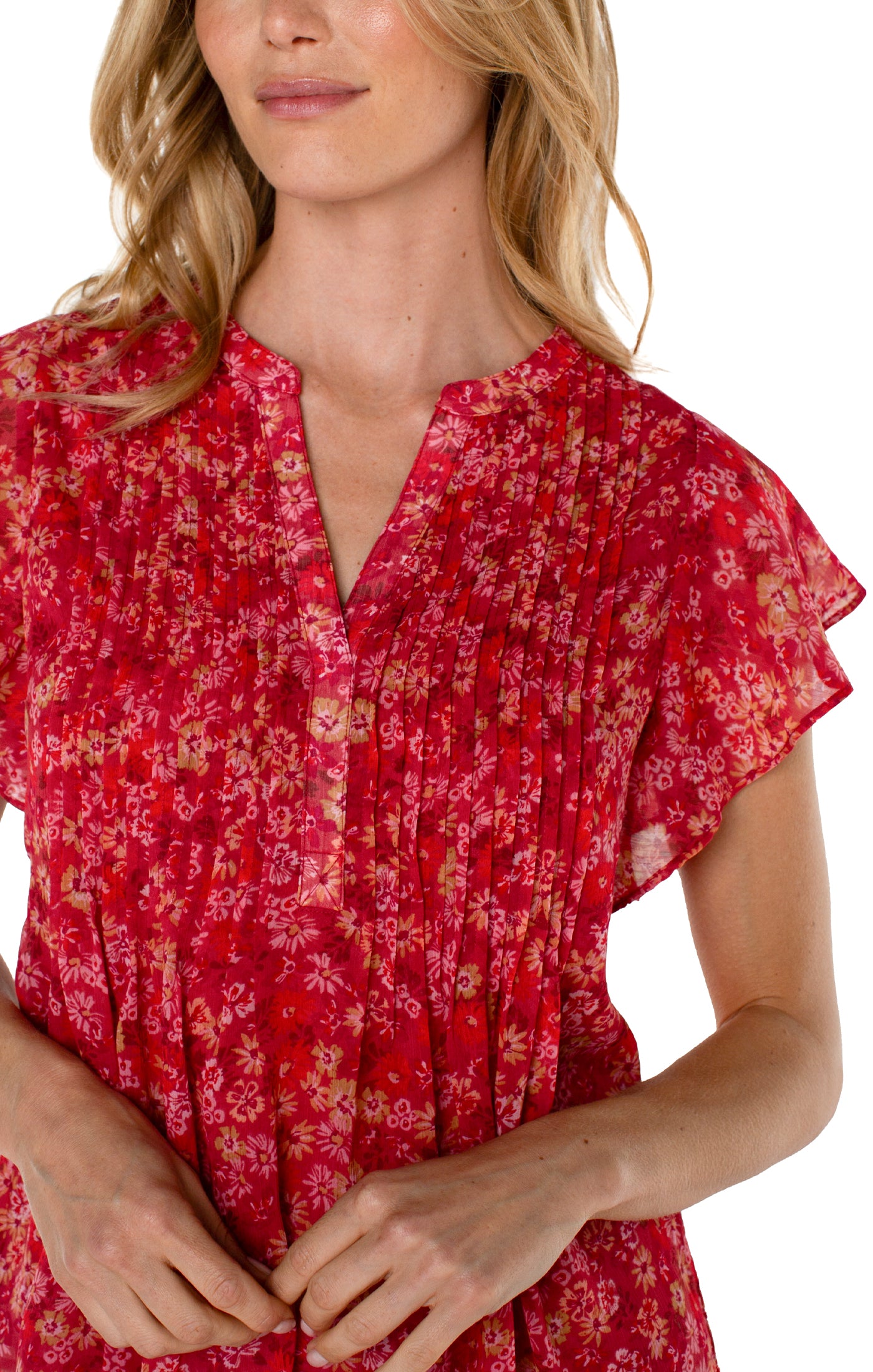 Liverpool Double Layer Flutter Sleeve Blouse (berry blossom floral)