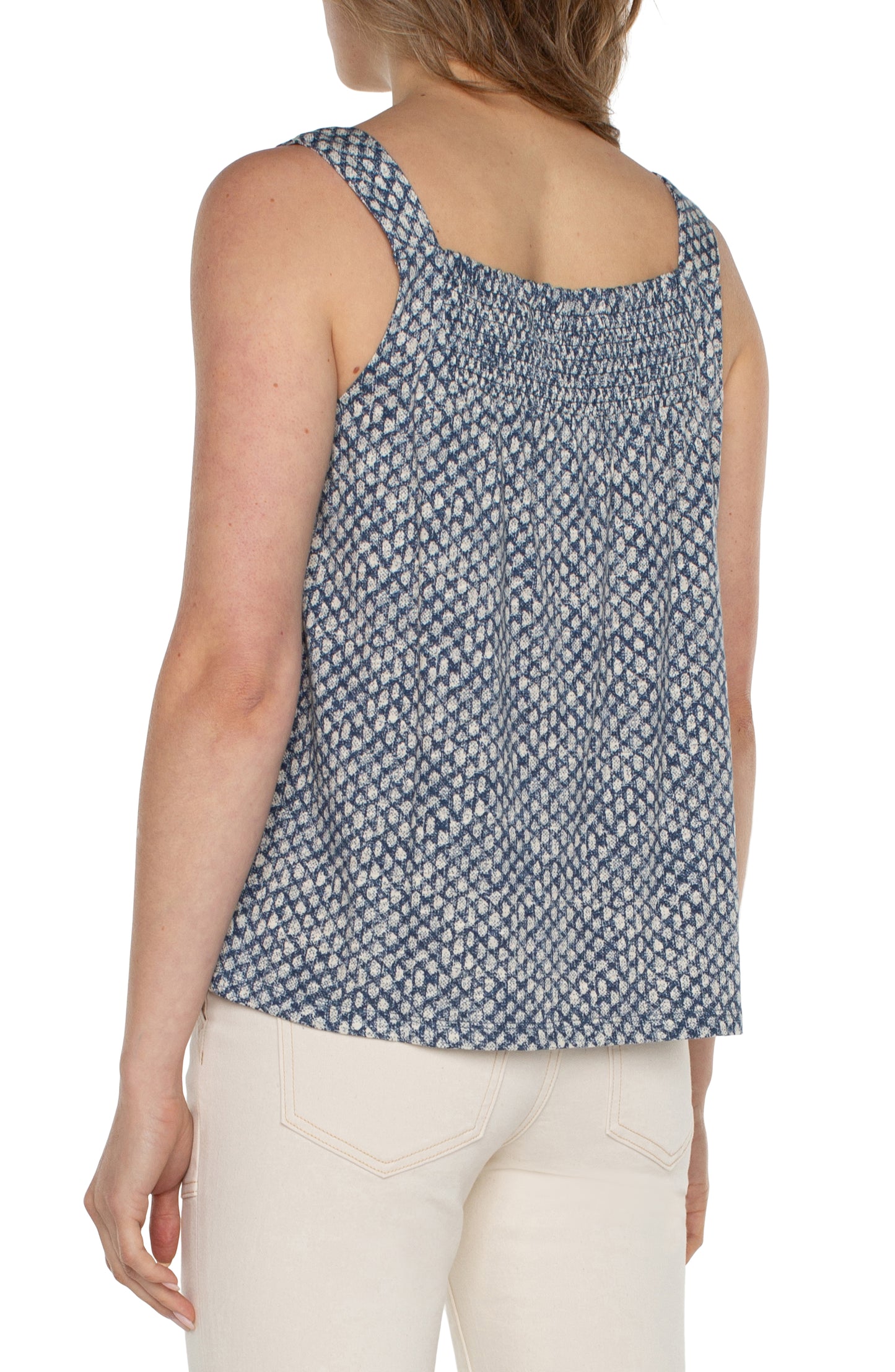 Liverpool Sleeveless V-Neck Easy Fit Tank with Smocking (Navy Text Dots)